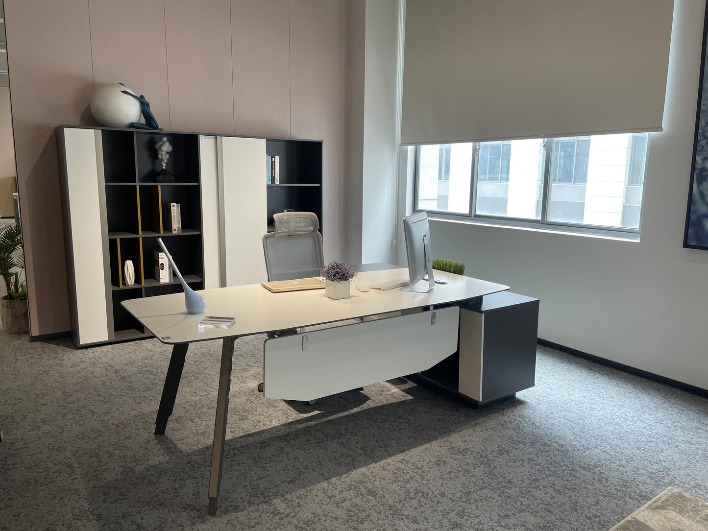 Modern Industrial Executive Desk | L-Shaped Manager Workstation with Charcoal Credenza