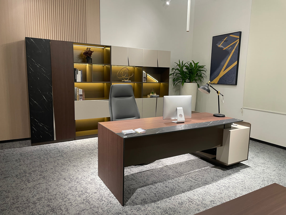 Modern Italian Executive Desk | L-Shaped Manager Workstation with Marble Accent Trim