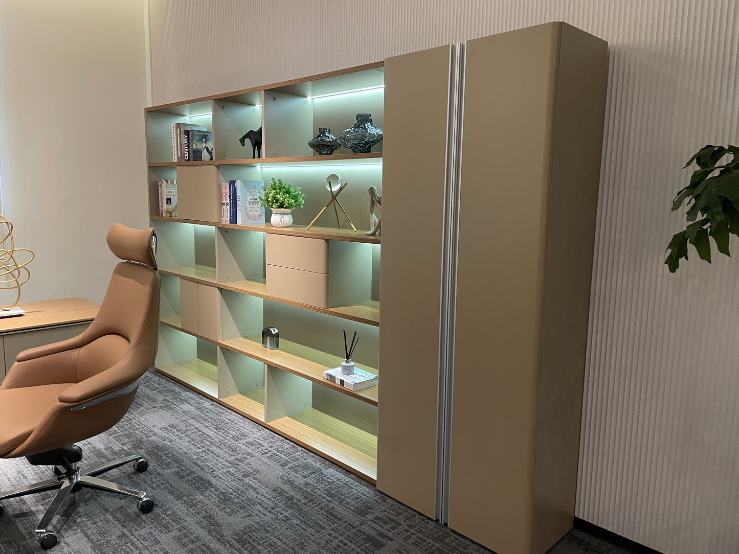 Modern Nordic CEO Desk Suite | PEI Wood-Grain Finish & Angled Base