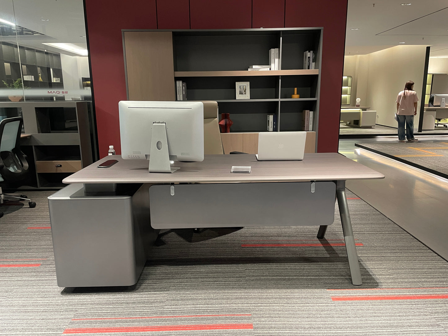 Modern Metallic Space Grey Executive Desk | L-Shaped Workstation with Titanium Silver Credenza