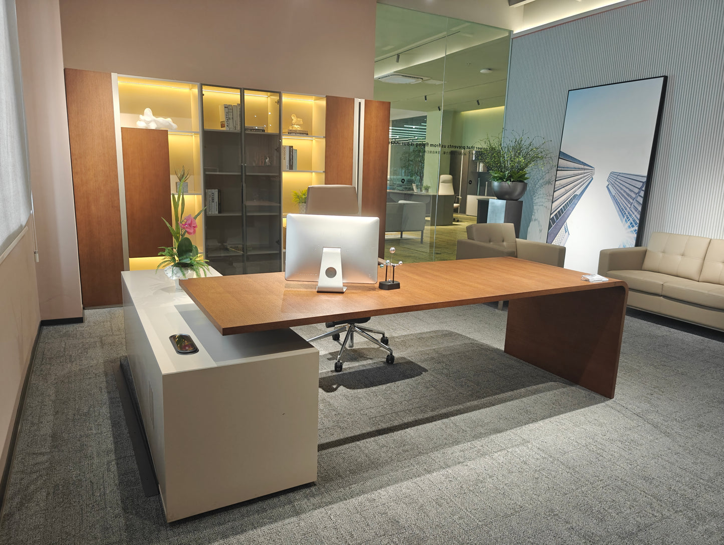 Seamless Waterfall Edge Executive Desk | Modern L-Shaped Wood Workstation