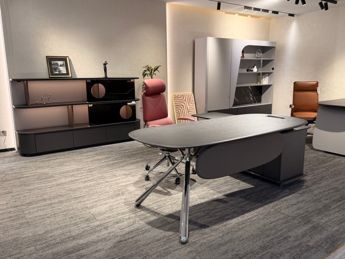 Premium Capsule-Shaped Executive Desk | Modern Chrome Leg Manager Workstation
