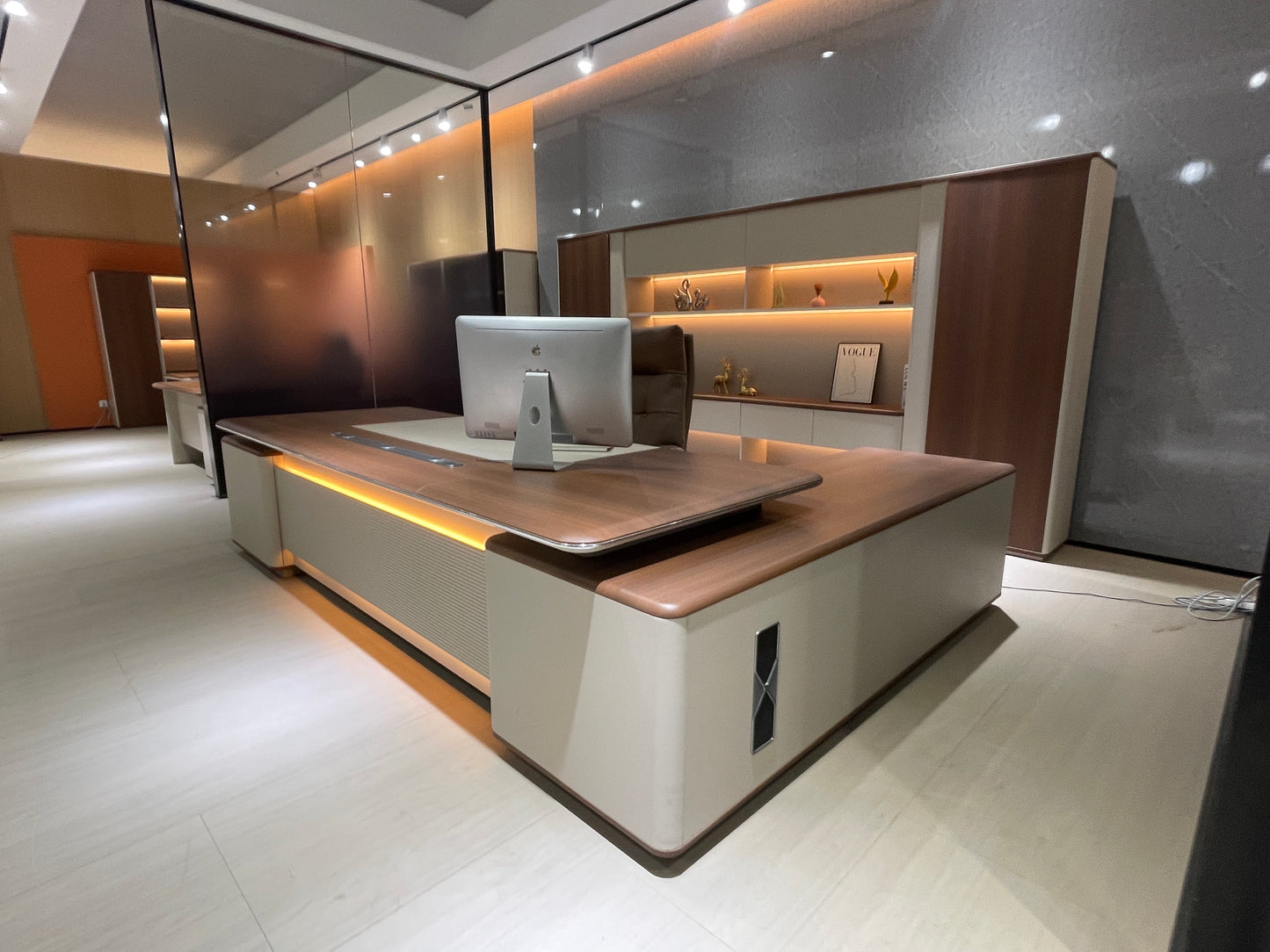 Executive Warm Wood Desk Suite | Premium L-Shaped Workstation with Ambient Lighting