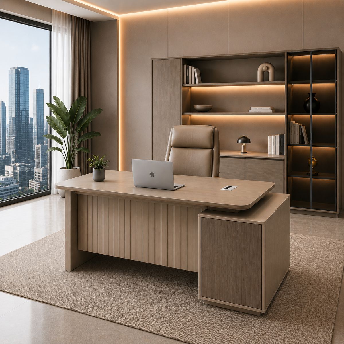 Modern Japandi Executive Desk | Natural Oak L-Shaped Manager Workstation