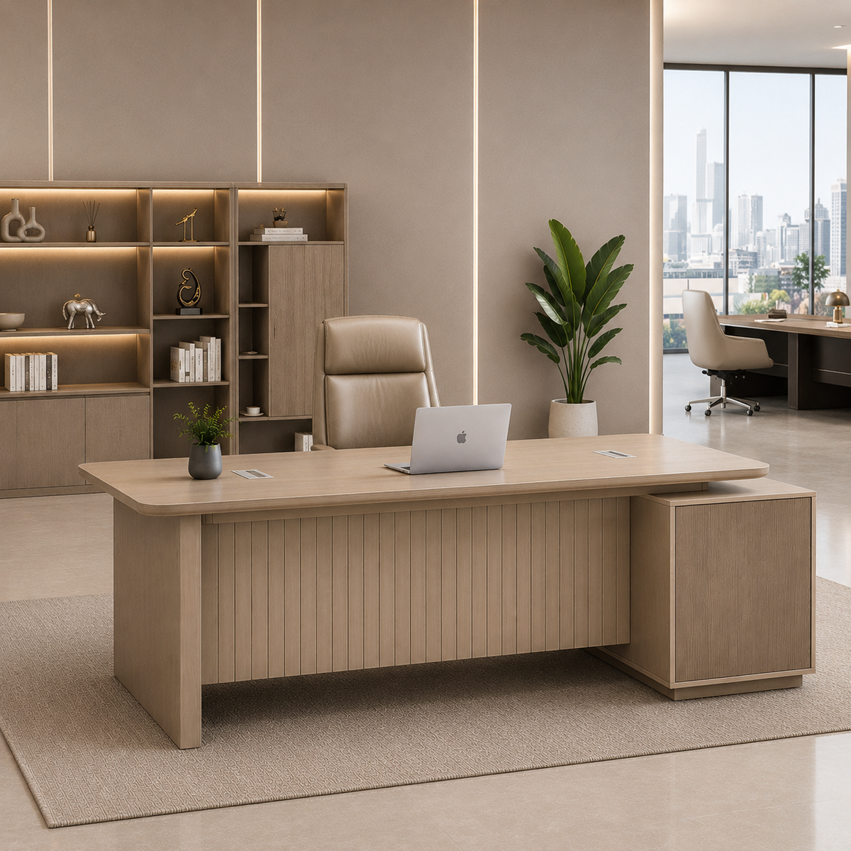 Modern Japandi Executive Desk | Natural Oak L-Shaped Manager Workstation