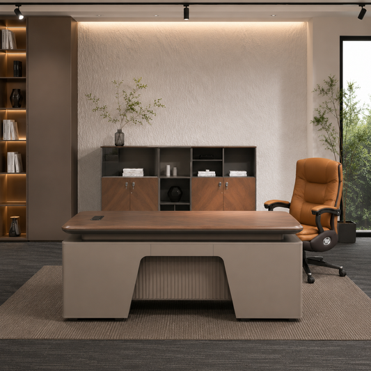 Premium Chevron Walnut Executive Desk | L-Shaped Symmetrical Modesty Panel Manager Table