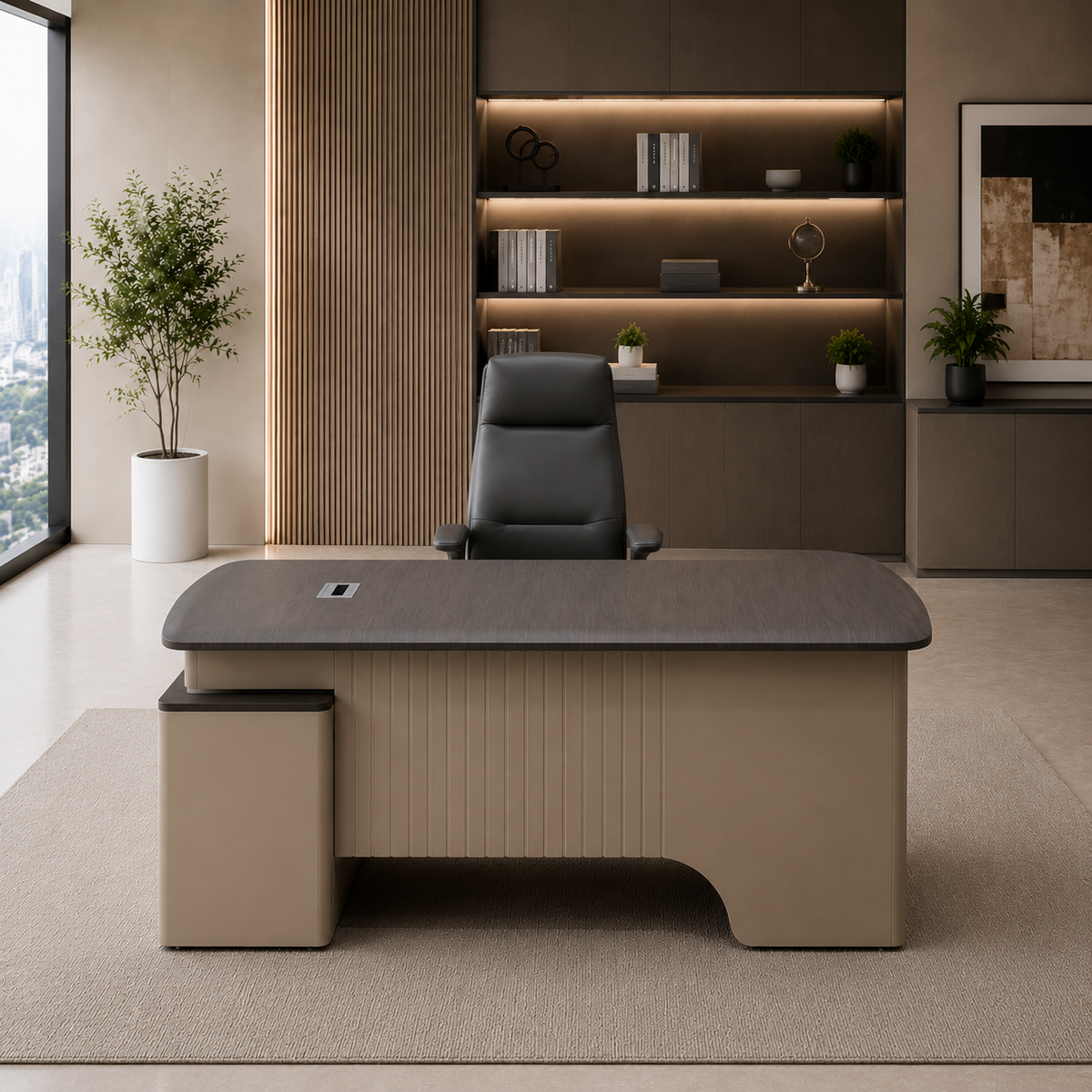 Modern Luxury Executive Desk | Dark Ash & Beige Fluted Base Manager Workstation
