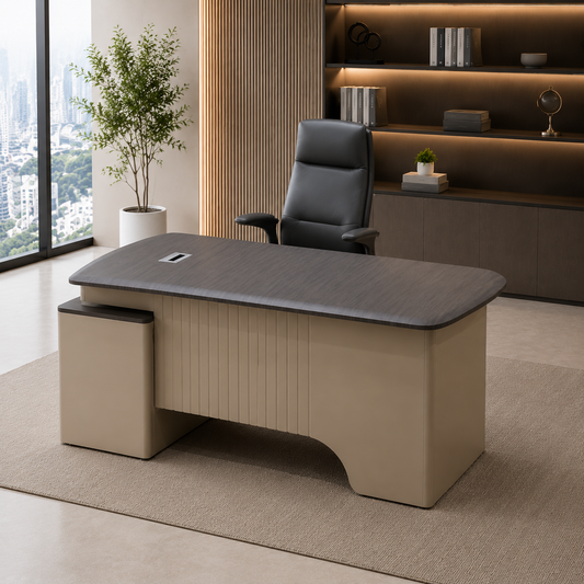 Modern Luxury Executive Desk | Dark Ash & Beige Fluted Base Manager Workstation
