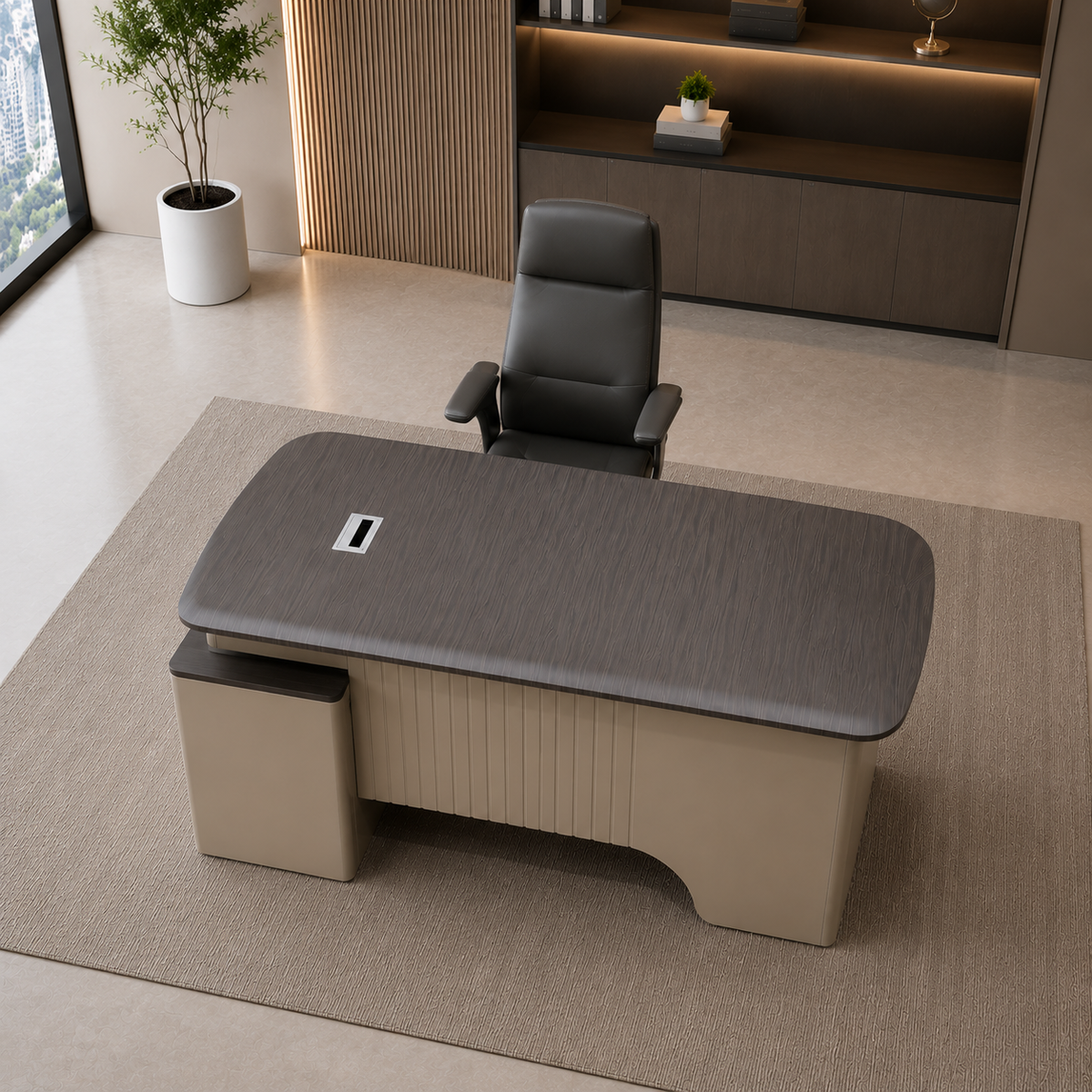 Modern Luxury Executive Desk | Dark Ash & Beige Fluted Base Manager Workstation