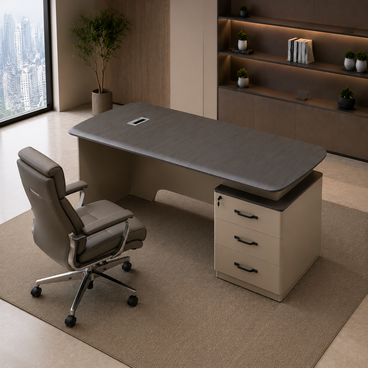 Modern Luxury Executive Desk | Dark Ash & Beige Fluted Base Manager Workstation