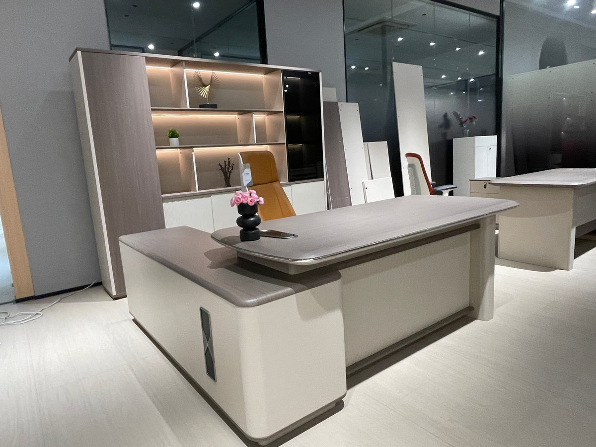Modern Light Fluted Executive Desk | Rounded Manager Workstation with Metallic Trim