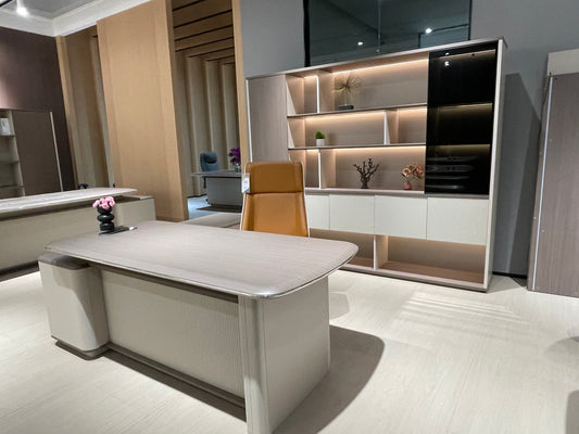 Modern Light Fluted Executive Desk | Rounded Manager Workstation with Metallic Trim