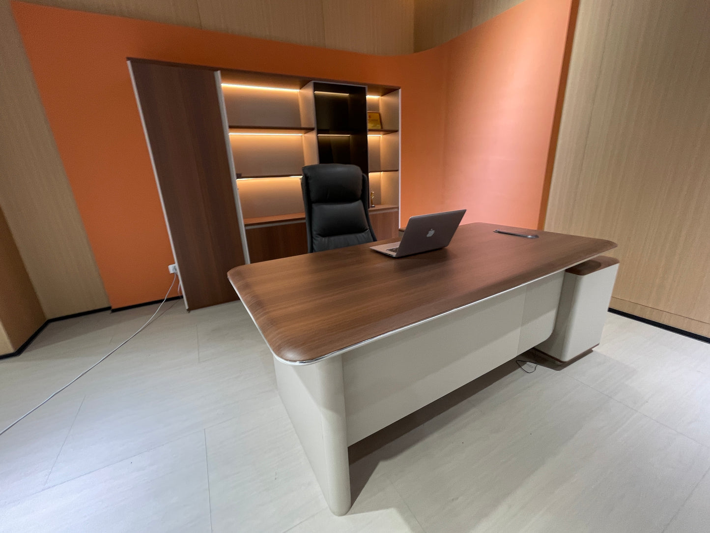 Modern Executive Walnut Desk | L-Shaped Manager Workstation with Metallic Trim