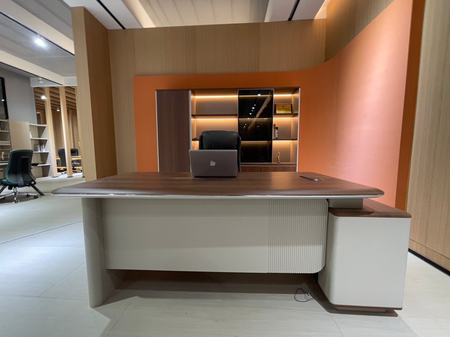 Modern Executive Walnut Desk | L-Shaped Manager Workstation with Metallic Trim