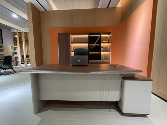 Modern Executive Walnut Desk | L-Shaped Manager Workstation with Metallic Trim
