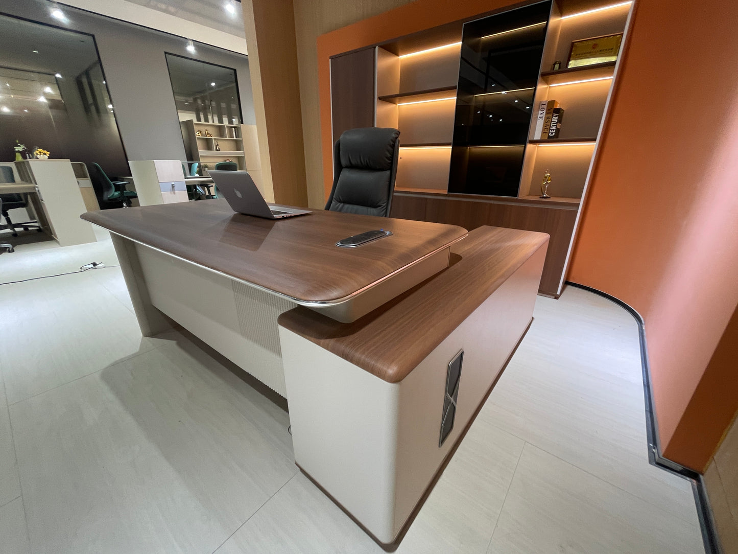 Modern Executive Walnut Desk | L-Shaped Manager Workstation with Metallic Trim
