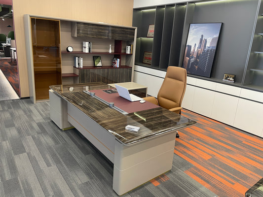 Executive Gloss-Stripe Desk | Modern L-Shaped Manager Workstation