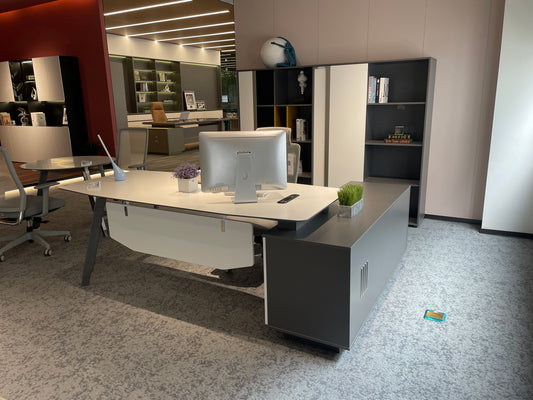 Modern Industrial Executive Desk | L-Shaped Manager Workstation with Charcoal Credenza