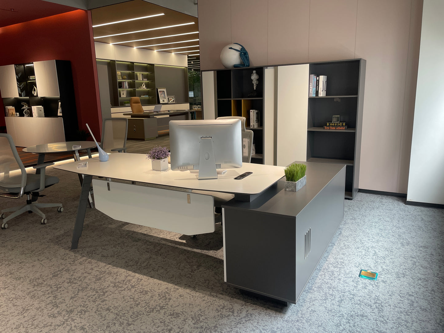 Modern Industrial Executive Desk | L-Shaped Manager Workstation with Charcoal Credenza