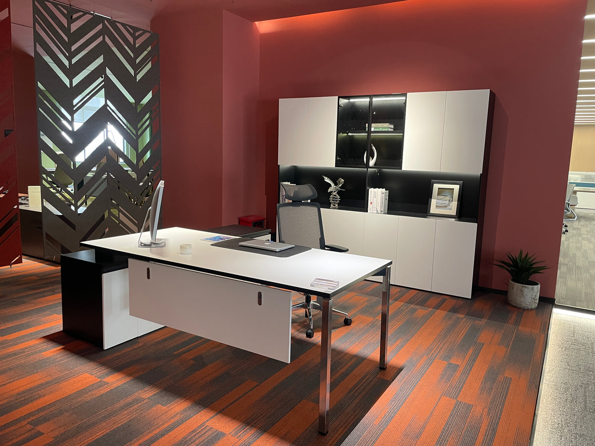 Modern Tech Executive Desk | L-Shaped Manager Workstation with Chrome Legs