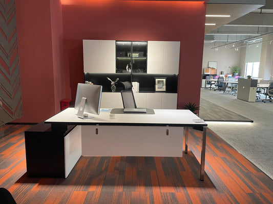 Modern Tech Executive Desk | L-Shaped Manager Workstation with Chrome Legs
