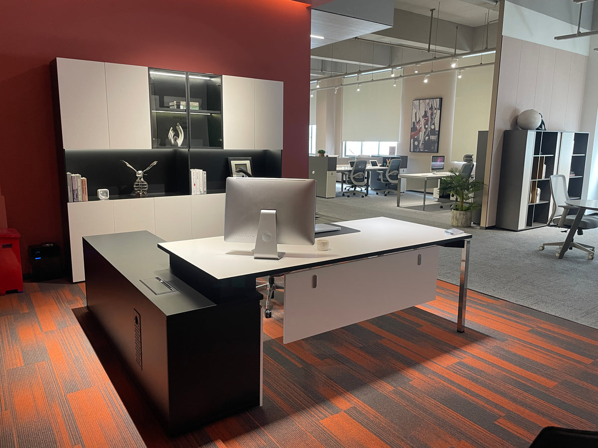 Modern Tech Executive Desk | L-Shaped Manager Workstation with Chrome Legs
