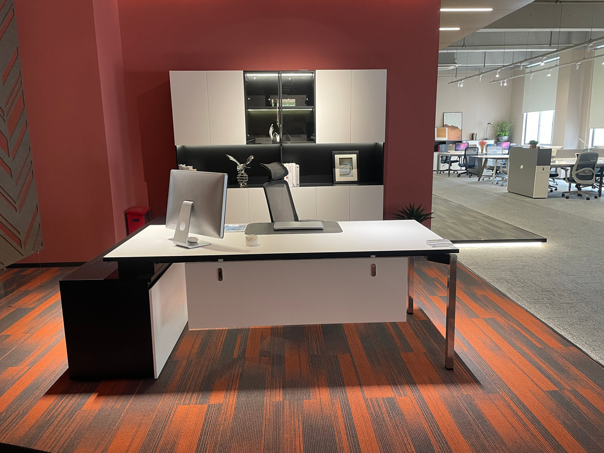 Modern Tech Executive Desk | L-Shaped Manager Workstation with Chrome Legs