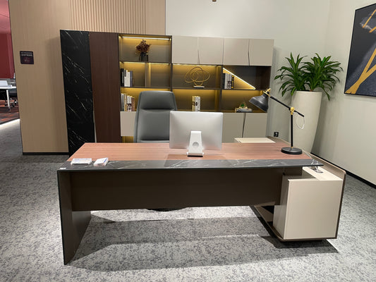 Modern Italian Executive Desk | L-Shaped Manager Workstation with Marble Accent Trim
