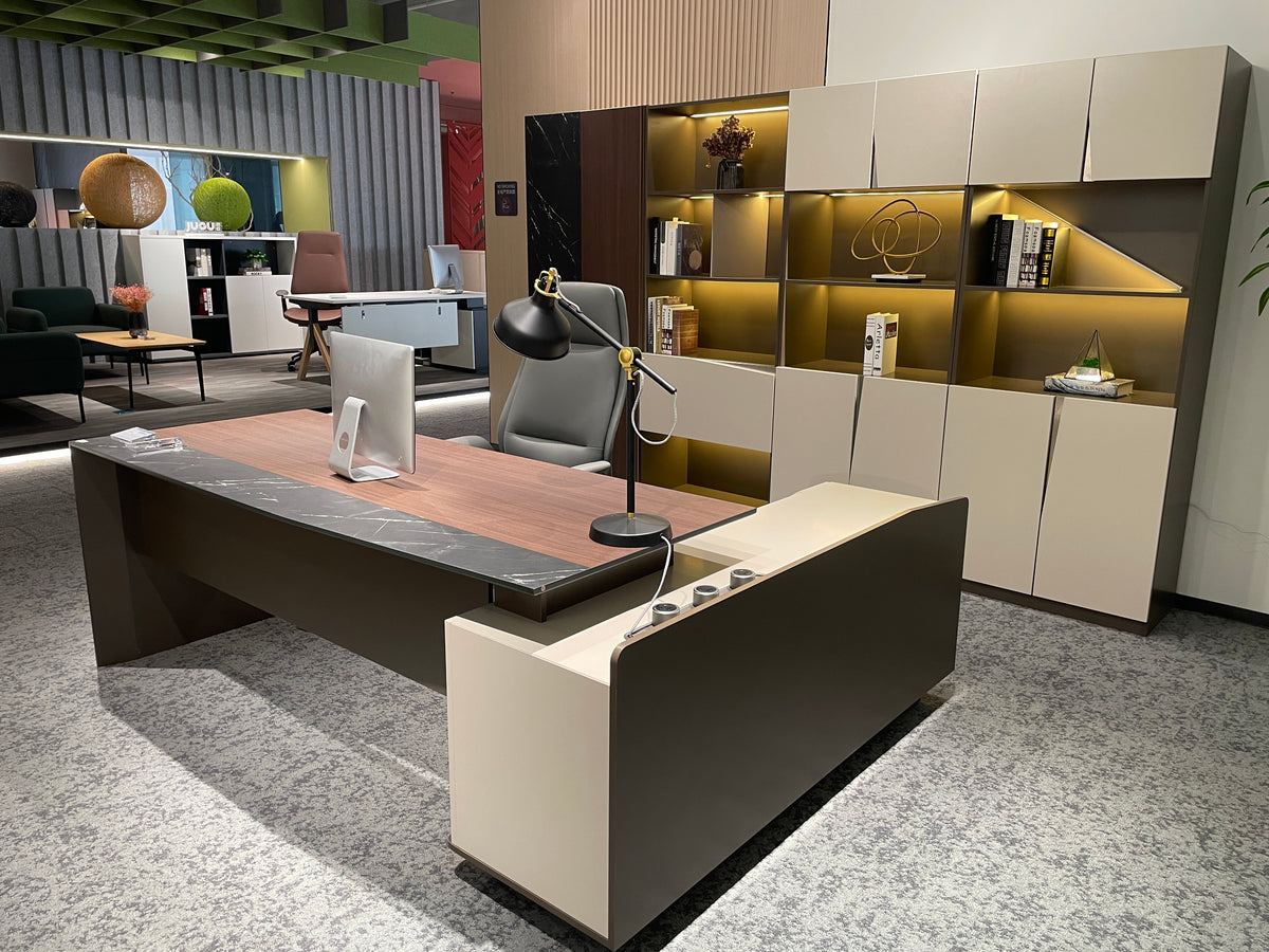 Modern Italian Executive Desk | L-Shaped Manager Workstation with Marble Accent Trim