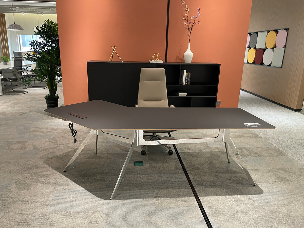 Modern Ergonomic Boomerang Executive Desk | Angled Workspace with Polished Chrome Legs
