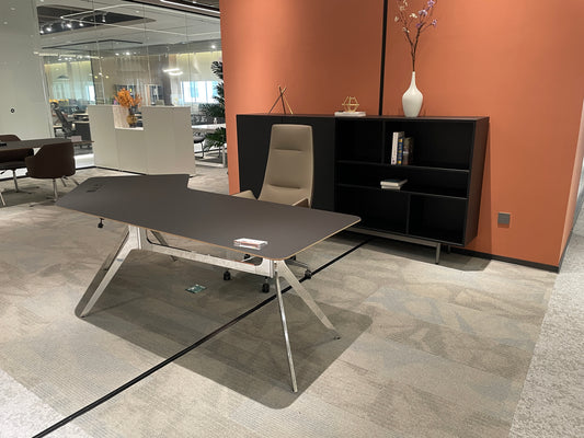 Modern Ergonomic Boomerang Executive Desk | Angled Workspace with Polished Chrome Legs
