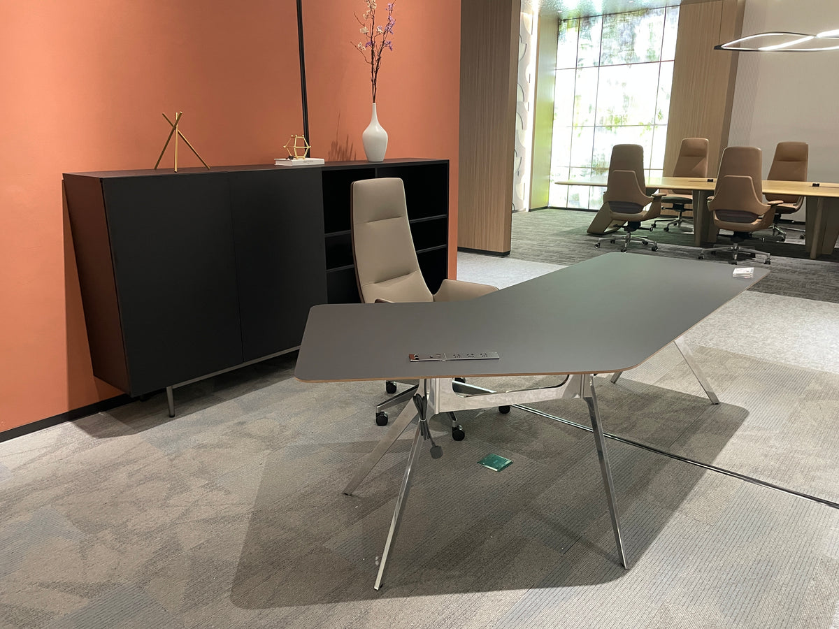 Modern Ergonomic Boomerang Executive Desk | Angled Workspace with Polished Chrome Legs