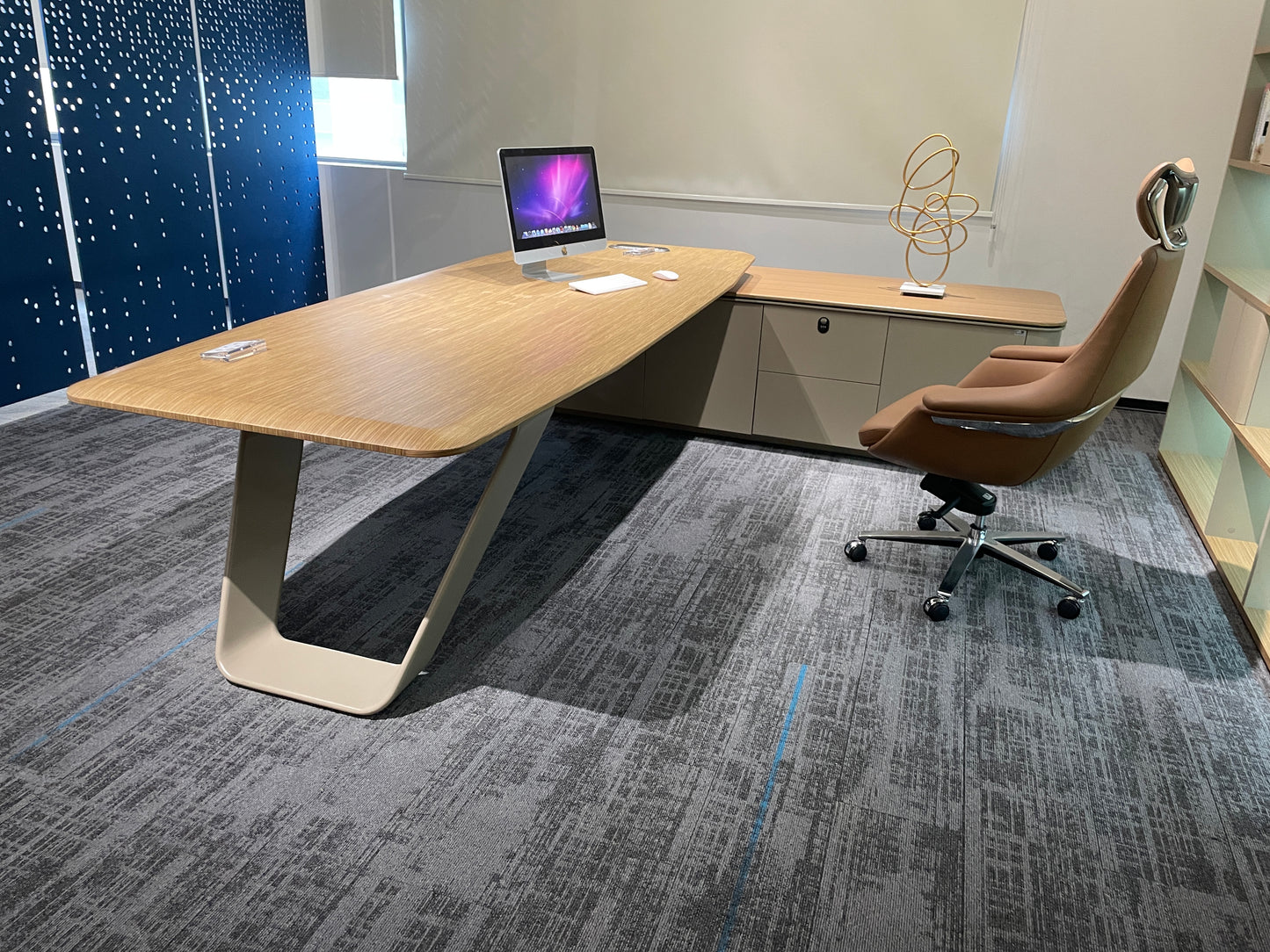 Modern Nordic CEO Desk Suite | PEI Wood-Grain Finish & Angled Base