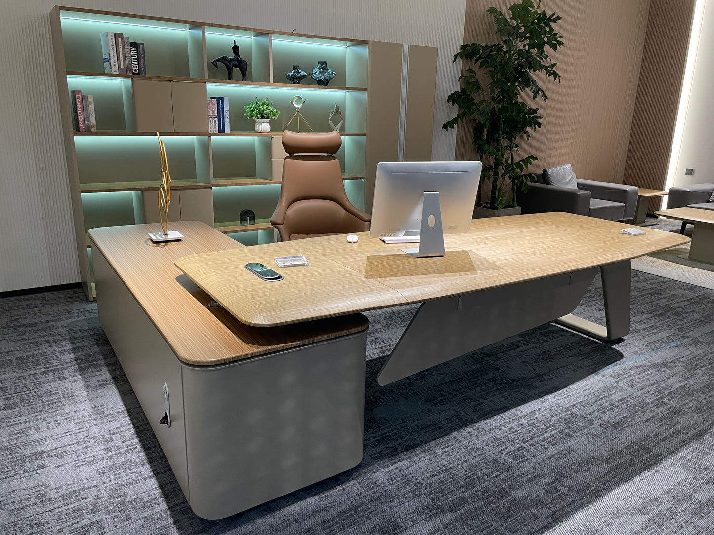 Modern Nordic CEO Desk Suite | PEI Wood-Grain Finish & Angled Base