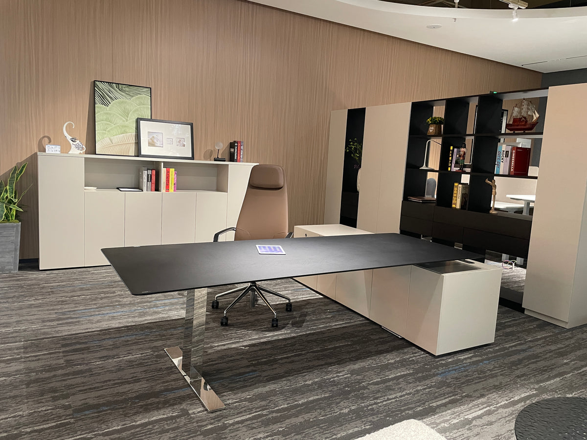 Modern Luxury Razor-Thin Executive Desk | Minimalist L-Shaped CEO Workstation with Chrome Blade Leg