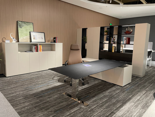 Modern Luxury Razor-Thin Executive Desk | Minimalist L-Shaped CEO Workstation with Chrome Blade Leg