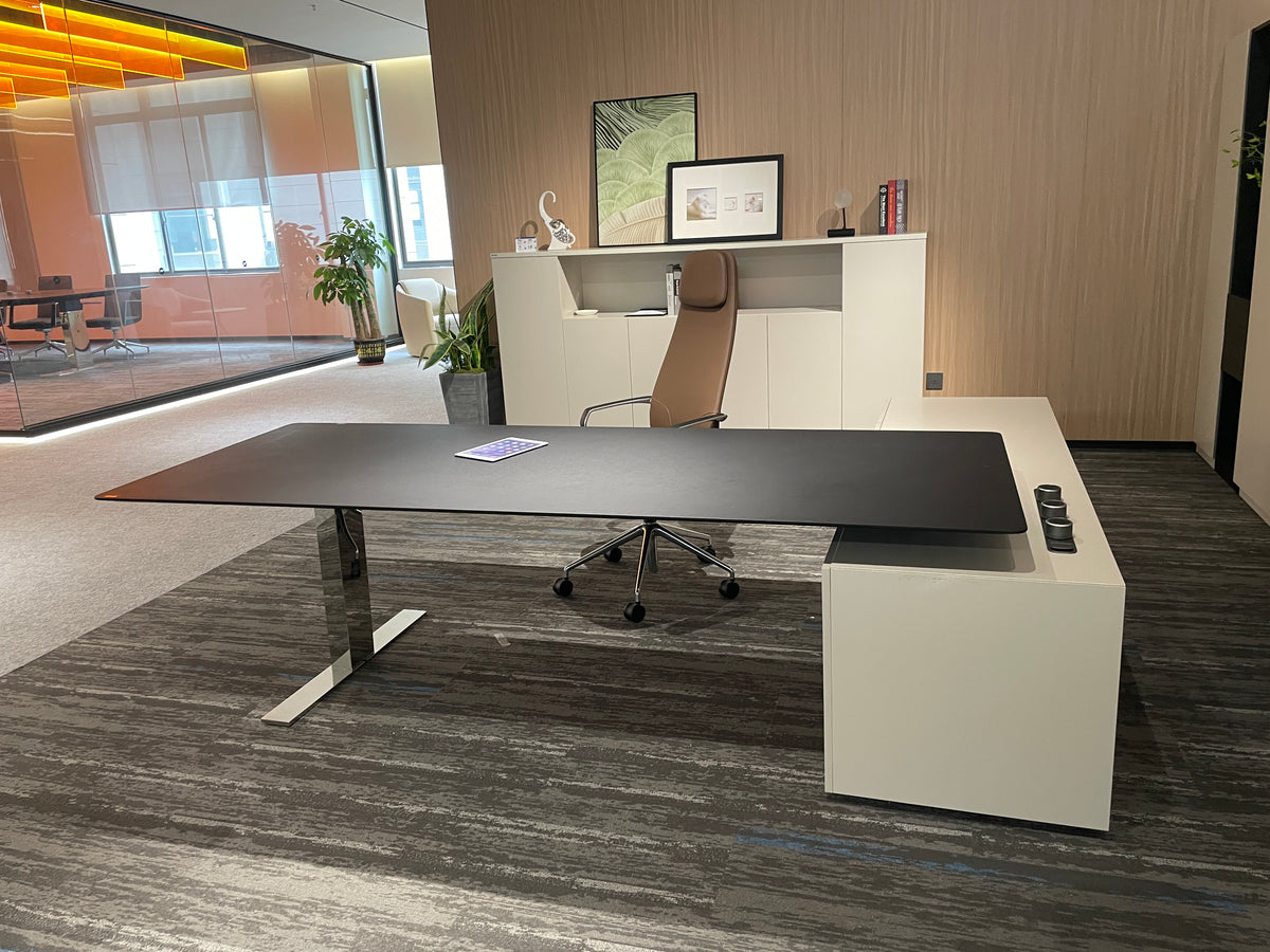 Modern Luxury Razor-Thin Executive Desk | Minimalist L-Shaped CEO Workstation with Chrome Blade Leg