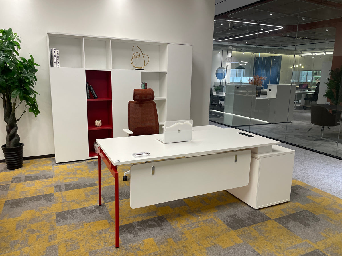 Modern Creative Executive Desk | White L-Shaped Manager Workstation with Red Accent Leg
