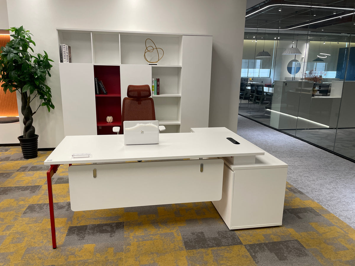 Modern Creative Executive Desk | White L-Shaped Manager Workstation with Red Accent Leg