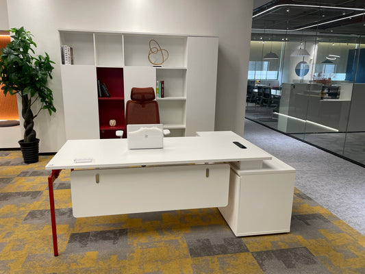 Modern Creative Executive Desk | White L-Shaped Manager Workstation with Red Accent Leg