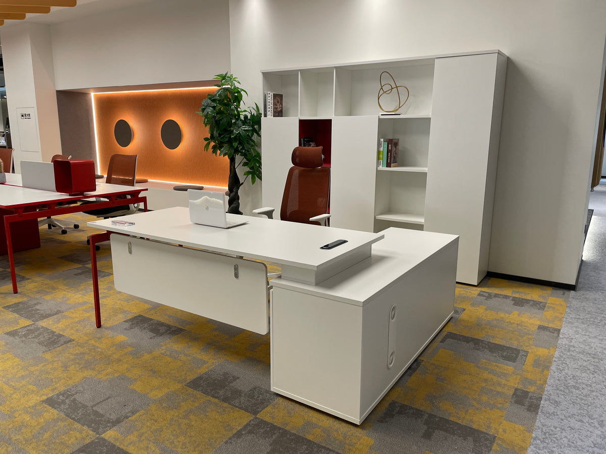 Modern Creative Executive Desk | White L-Shaped Manager Workstation with Red Accent Leg