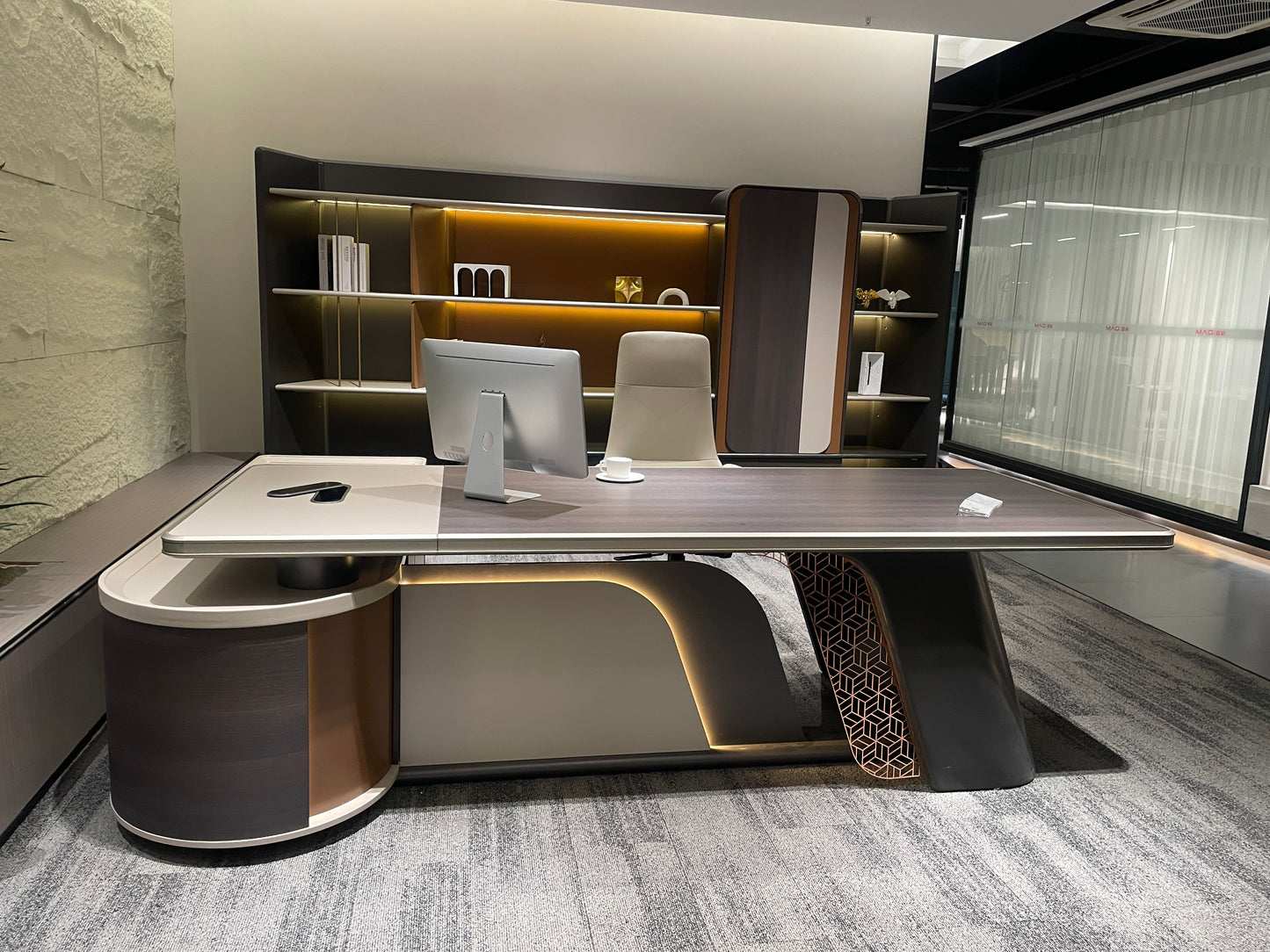 Futuristic Curved Director Desk | Premium PEI Wood Finish & MDF Architecture