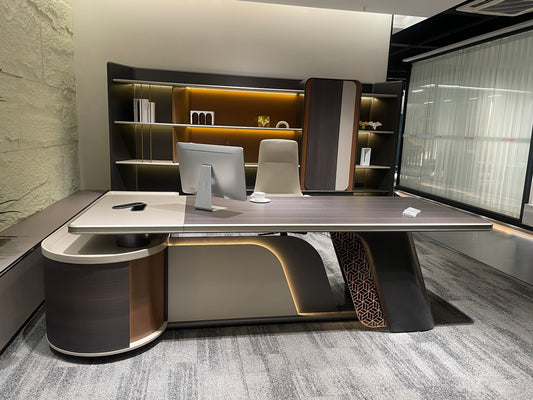 Futuristic Curved Director Desk | Premium PEI Wood Finish & MDF Architecture