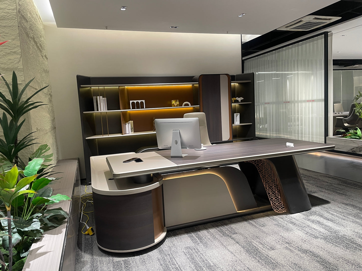 Futuristic Curved Director Desk | Premium PEI Wood Finish & MDF Architecture