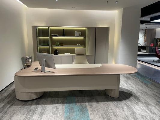 Modern Curved Executive Desk | Fluted Pedestal Legs & Two-Tone Surface