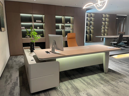 Modern Luxury Soft-Minimalist Executive Desk | LED-Illuminated Cream Manager Workstation