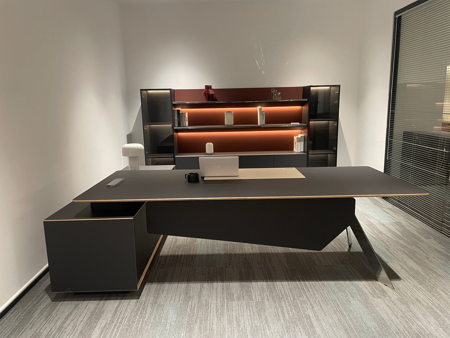 Modern Avant-Garde Executive Desk | Matte Black Workstation with Blade Metallic Leg