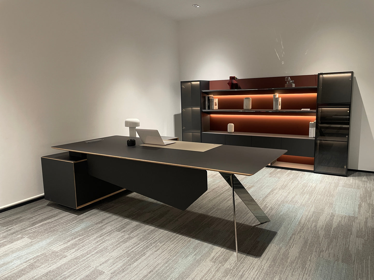 Modern Avant-Garde Executive Desk | Matte Black Workstation with Blade Metallic Leg