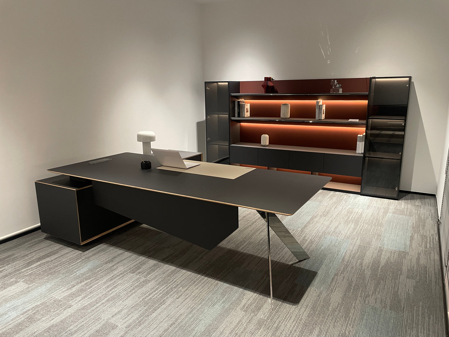 Modern Avant-Garde Executive Desk | Matte Black Workstation with Blade Metallic Leg