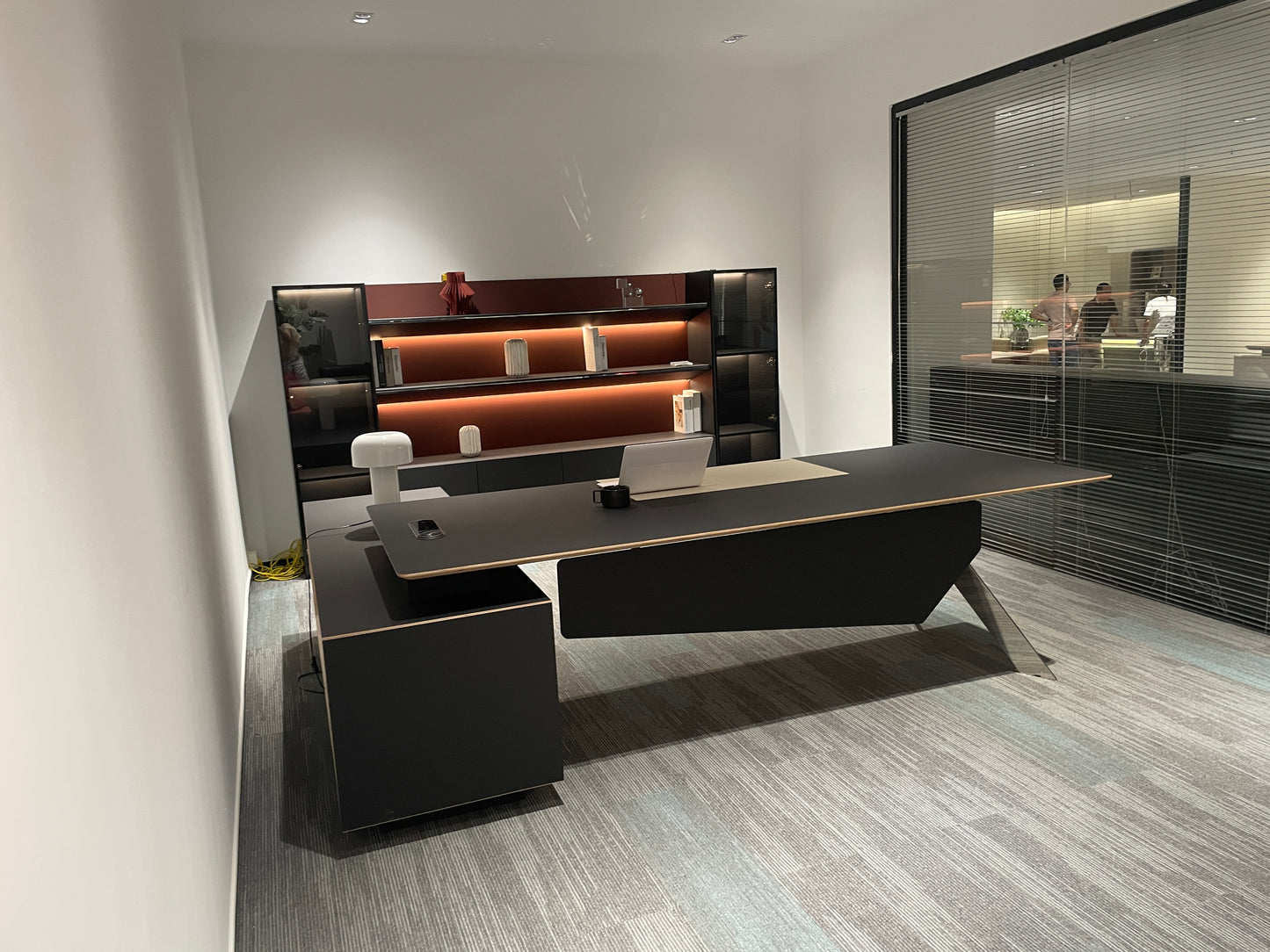 Modern Avant-Garde Executive Desk | Matte Black Workstation with Blade Metallic Leg